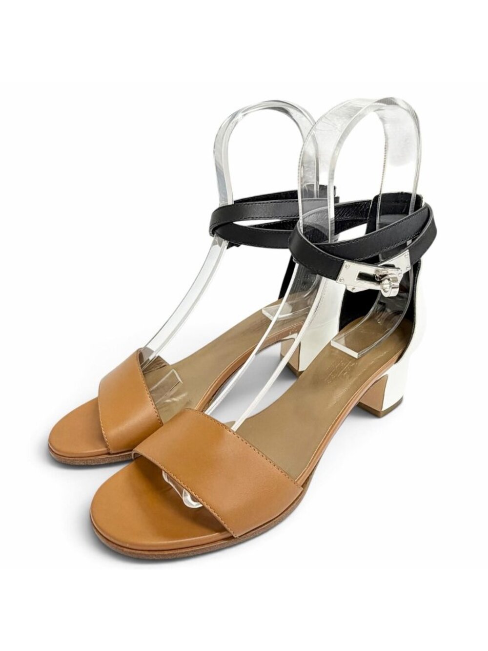 Hermes Leather Silver Kelly Buckle Ankle Strap Open Toe Sandals Brown White